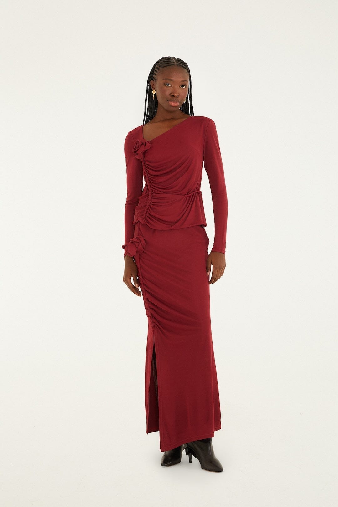 FARM Rio Sale by Type Burgundy 3d Flower Draped Side Slit Maxi Skirt