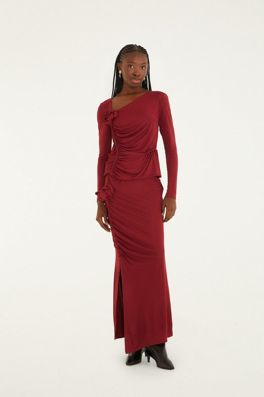 FARM Rio Sale by Type Burgundy 3d Flower Draped Side Slit Maxi Skirt