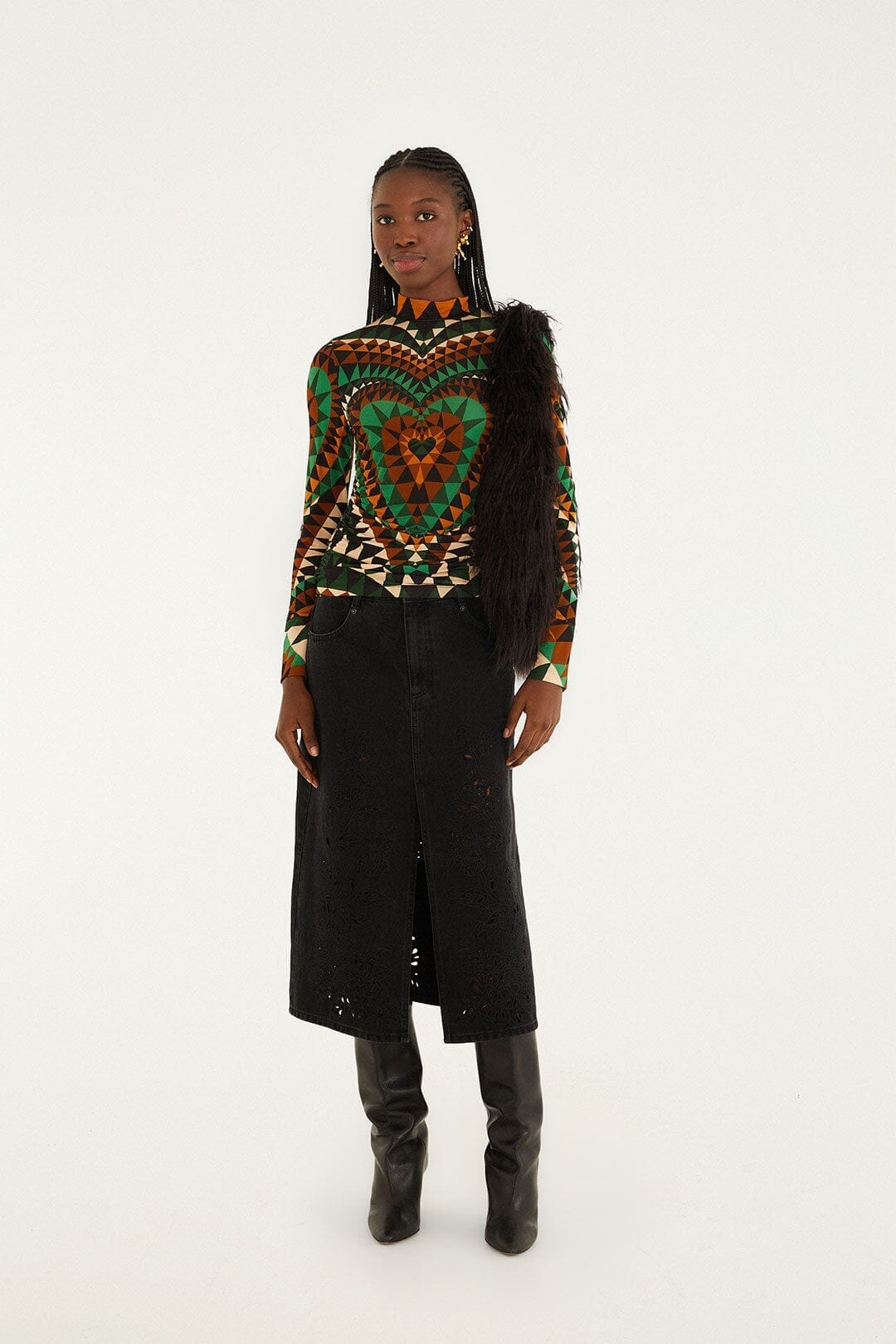 FARM Rio Sale by Type Black Denim Richelieu Front Slit Midi Skirt