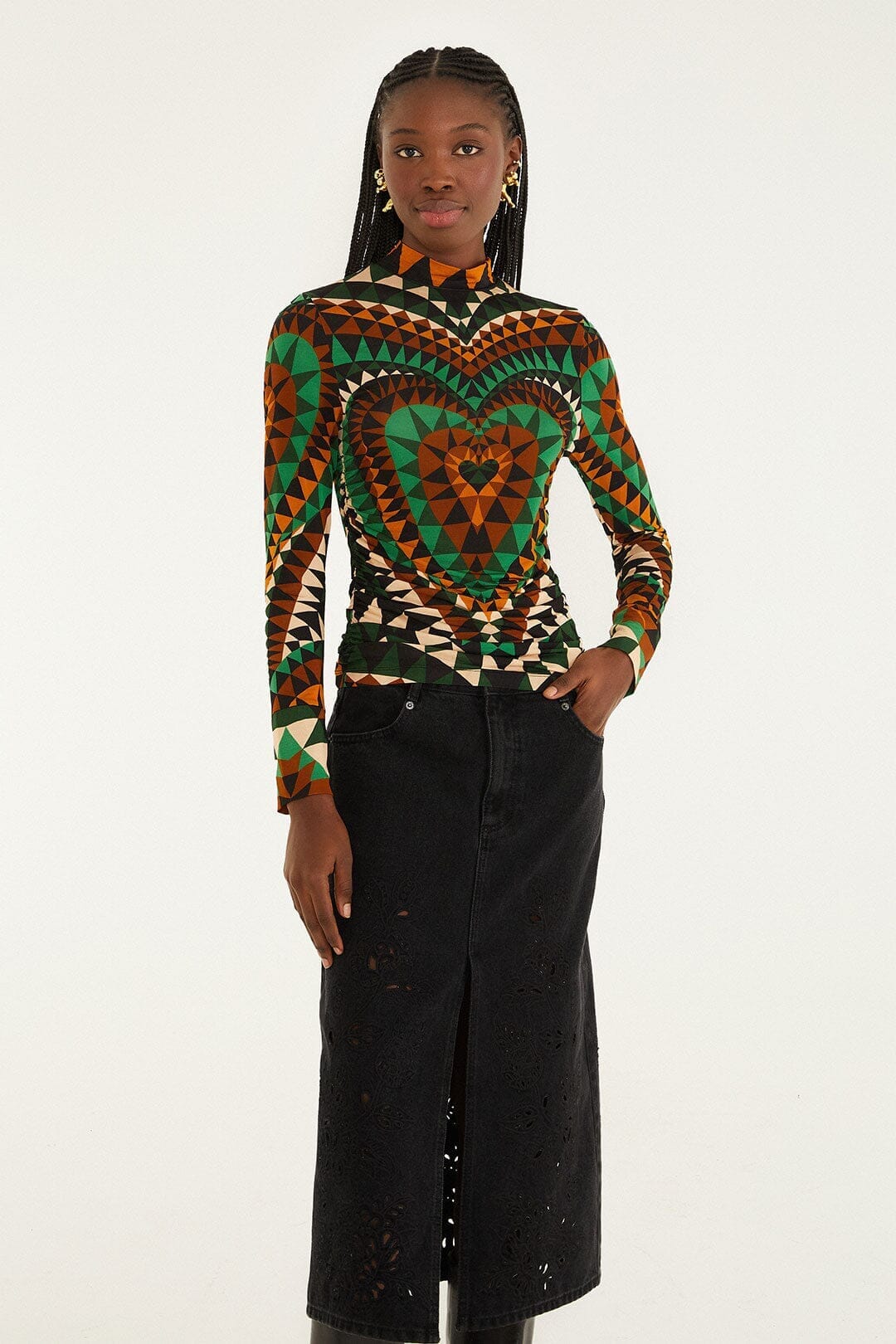 FARM Rio Sale by Type Black Denim Richelieu Front Slit Midi Skirt