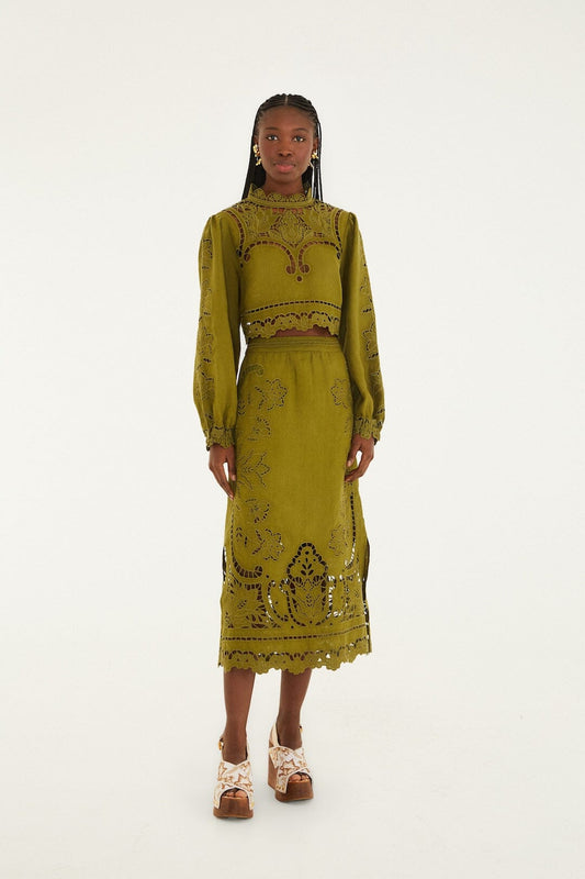 FARM Rio Sale by Type Green Majestic Garden Euroflax Premium Linen Richelieu Midi Skirt