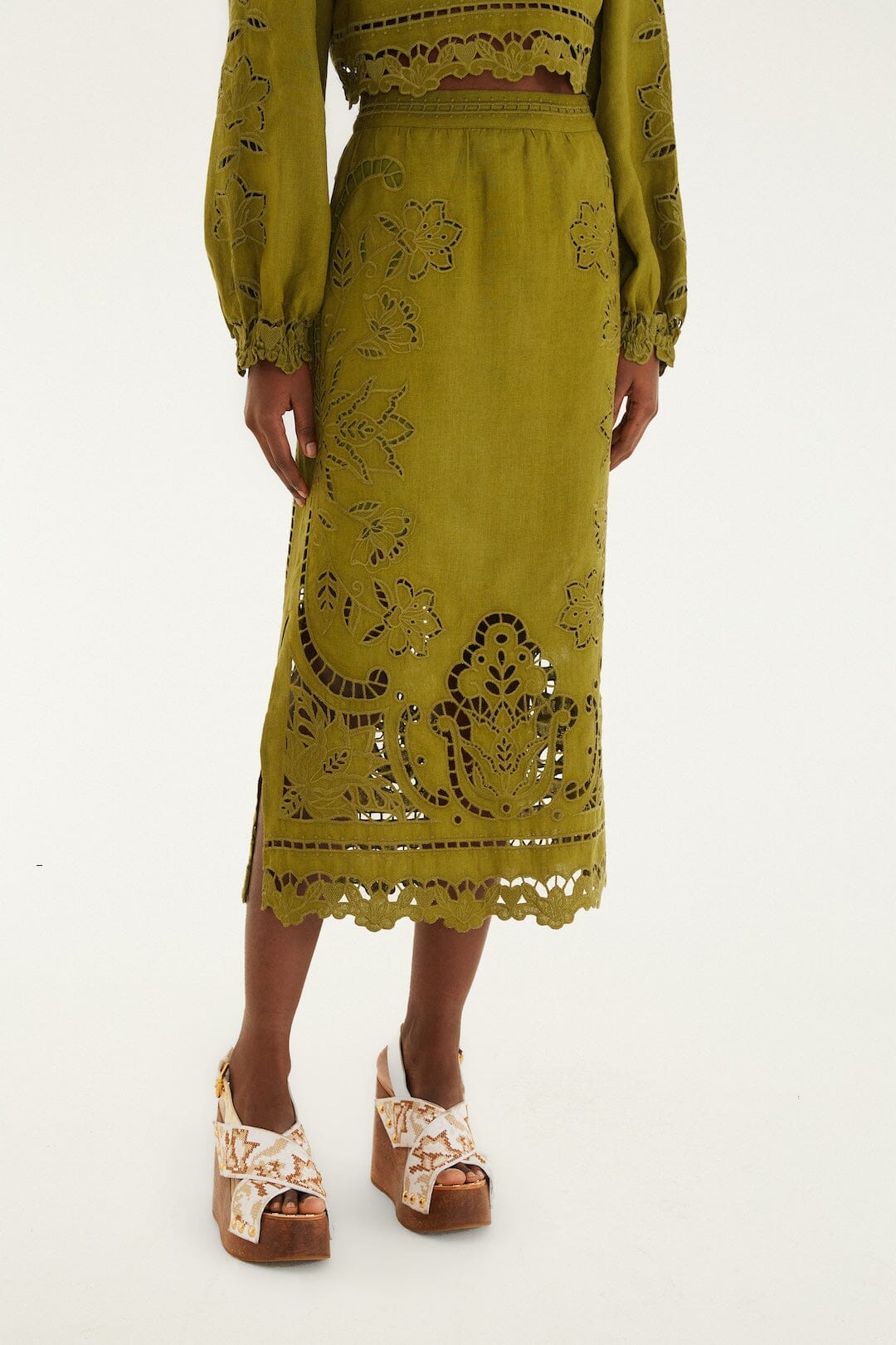 FARM Rio Sale by Type Green Majestic Garden Euroflax Premium Linen Richelieu Midi Skirt