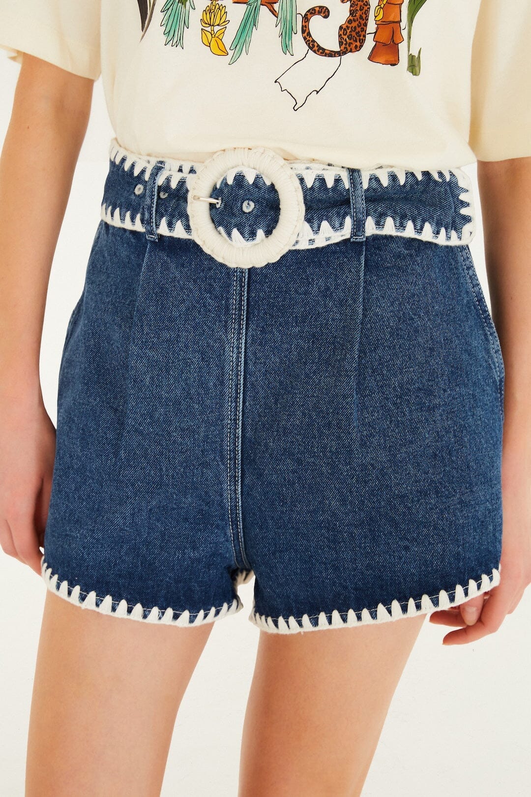 FARM Rio Sale by Type Denim Crochet Embroidery Belted Shorts