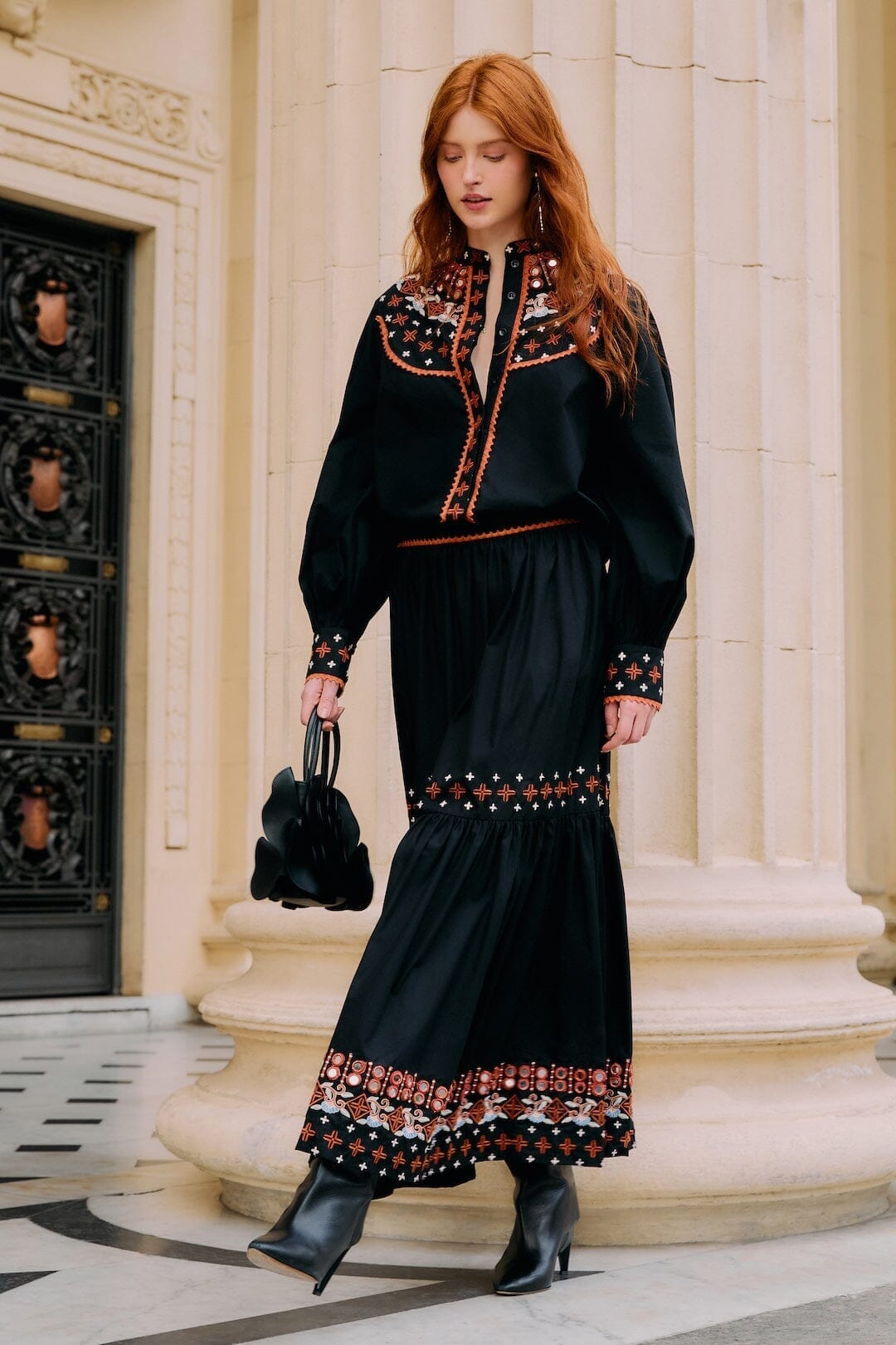 FARM Rio Sale by Type Black Embroidered Tiered Maxi Skirt