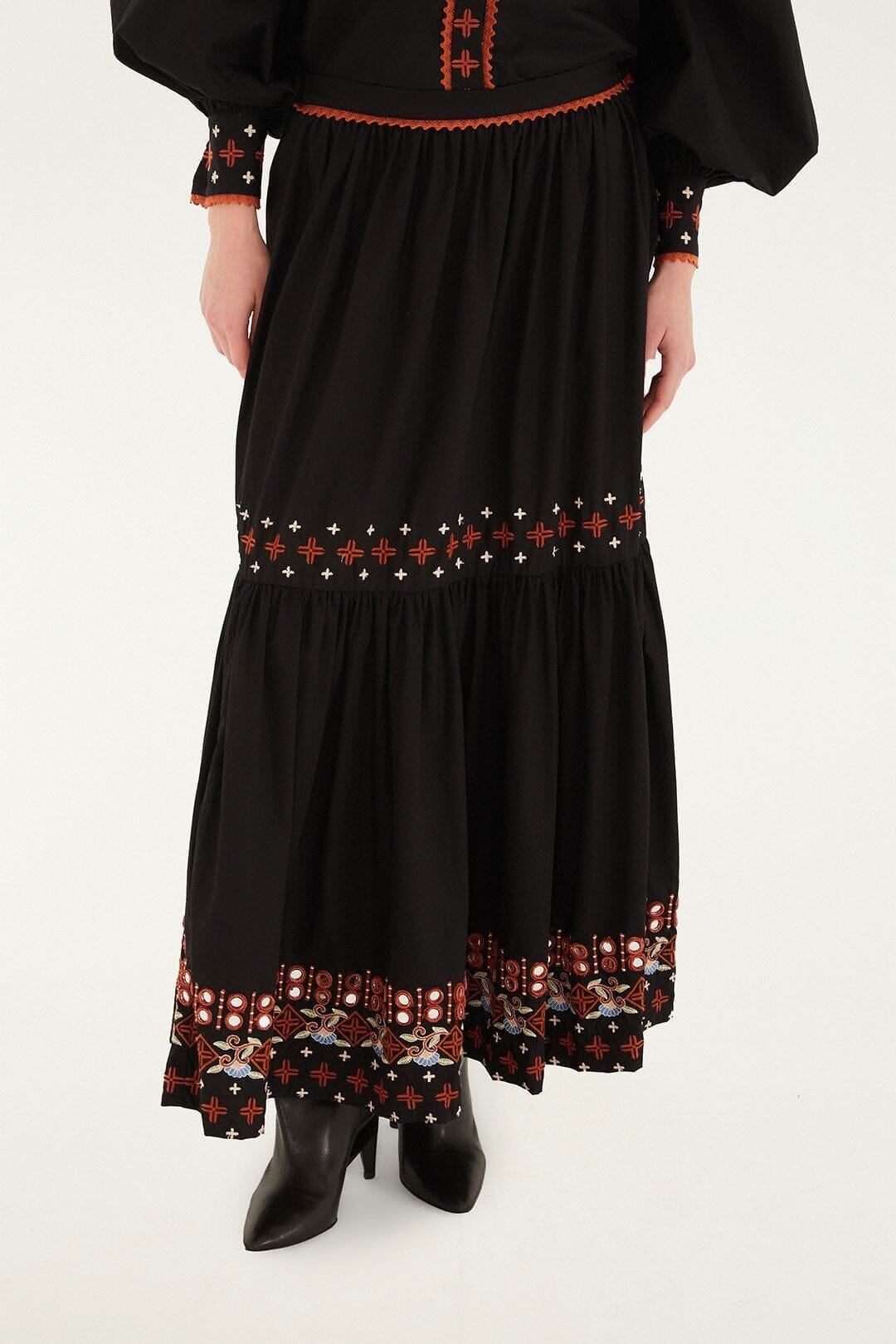 FARM Rio Sale by Type Black Embroidered Tiered Maxi Skirt