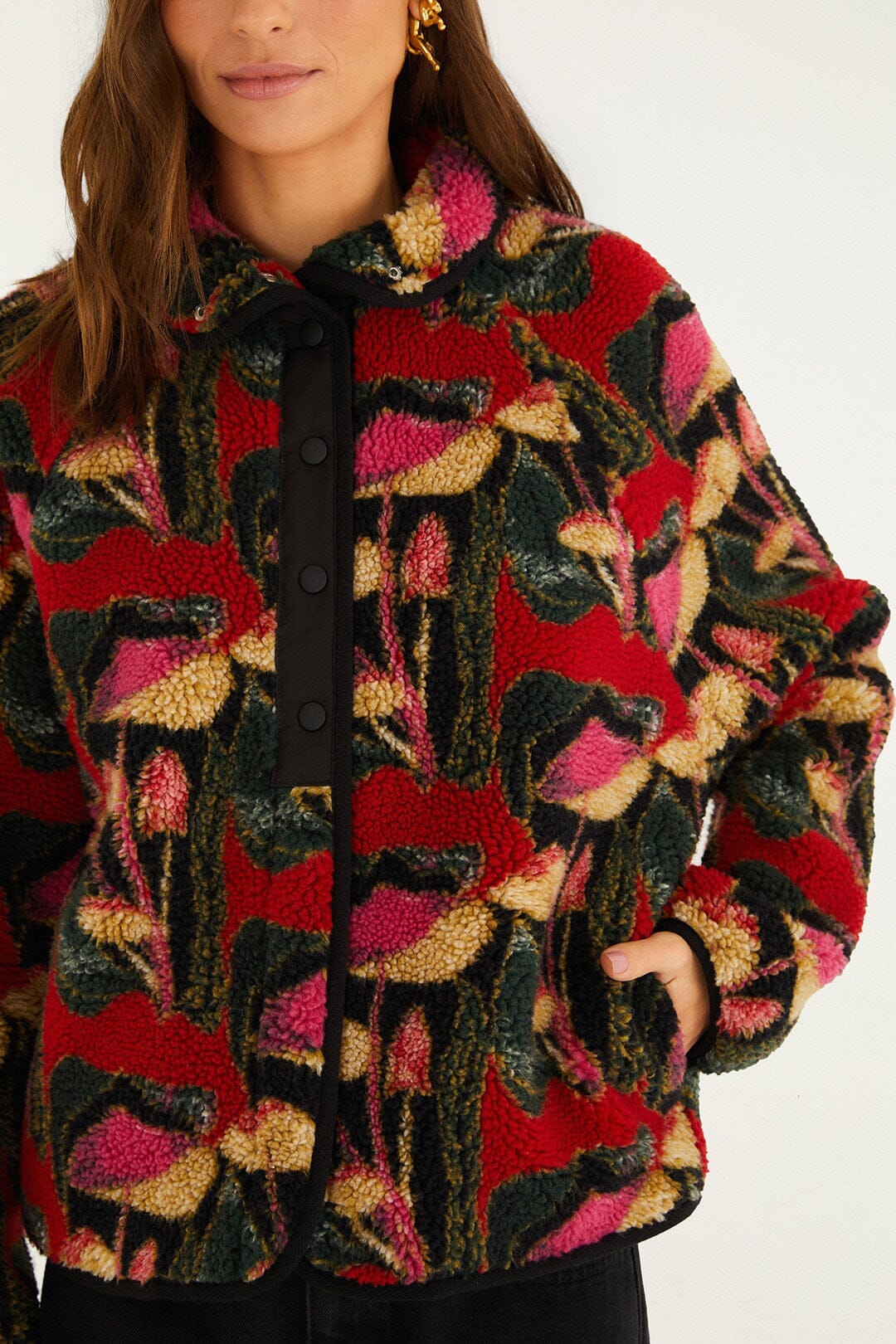 FARM Rio Sale by Type Black Wild Mushrooms Fleece Bomber Jacket