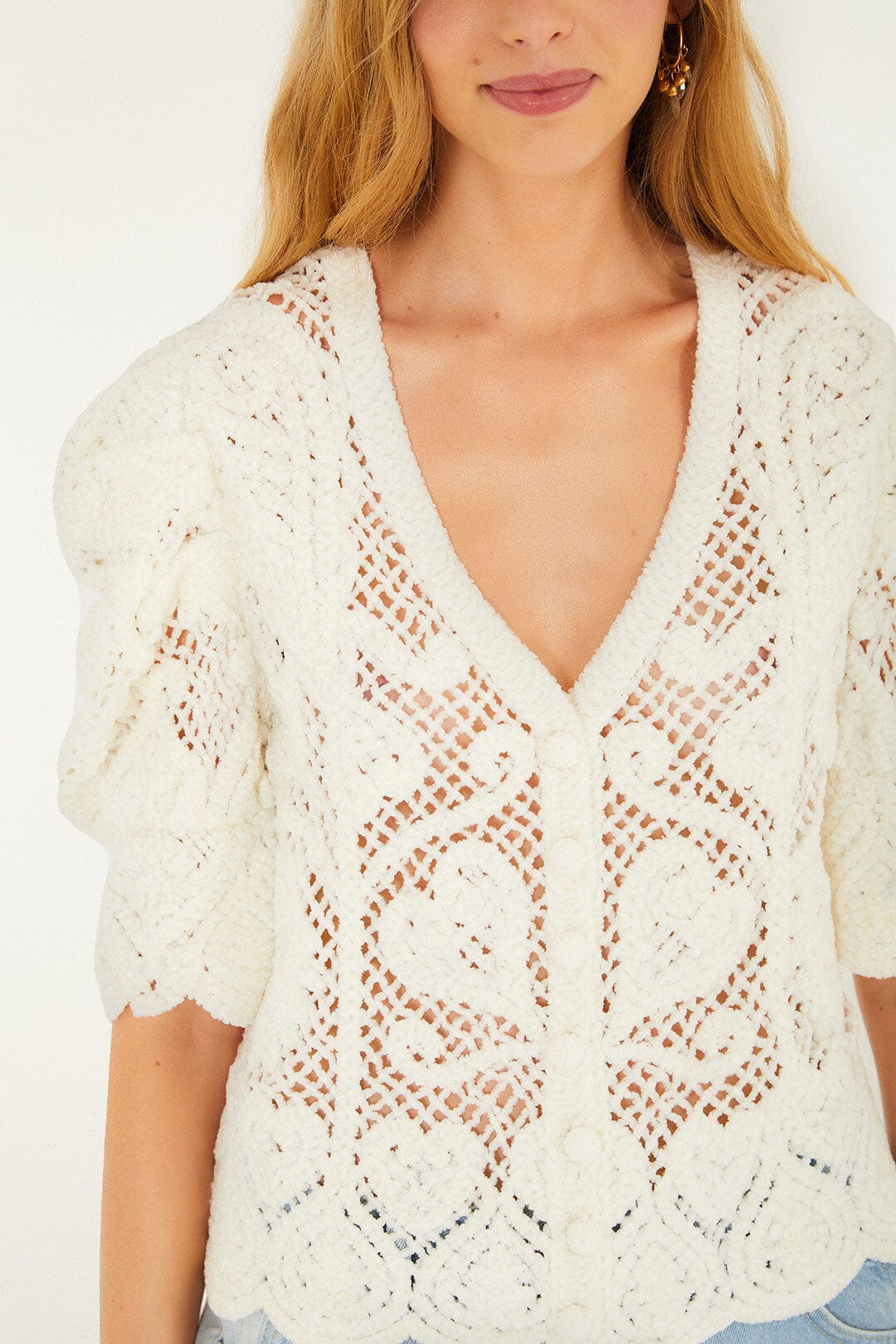 FARM Rio Sale by Type Off-White Rococo Hearts Crochet Cardigan