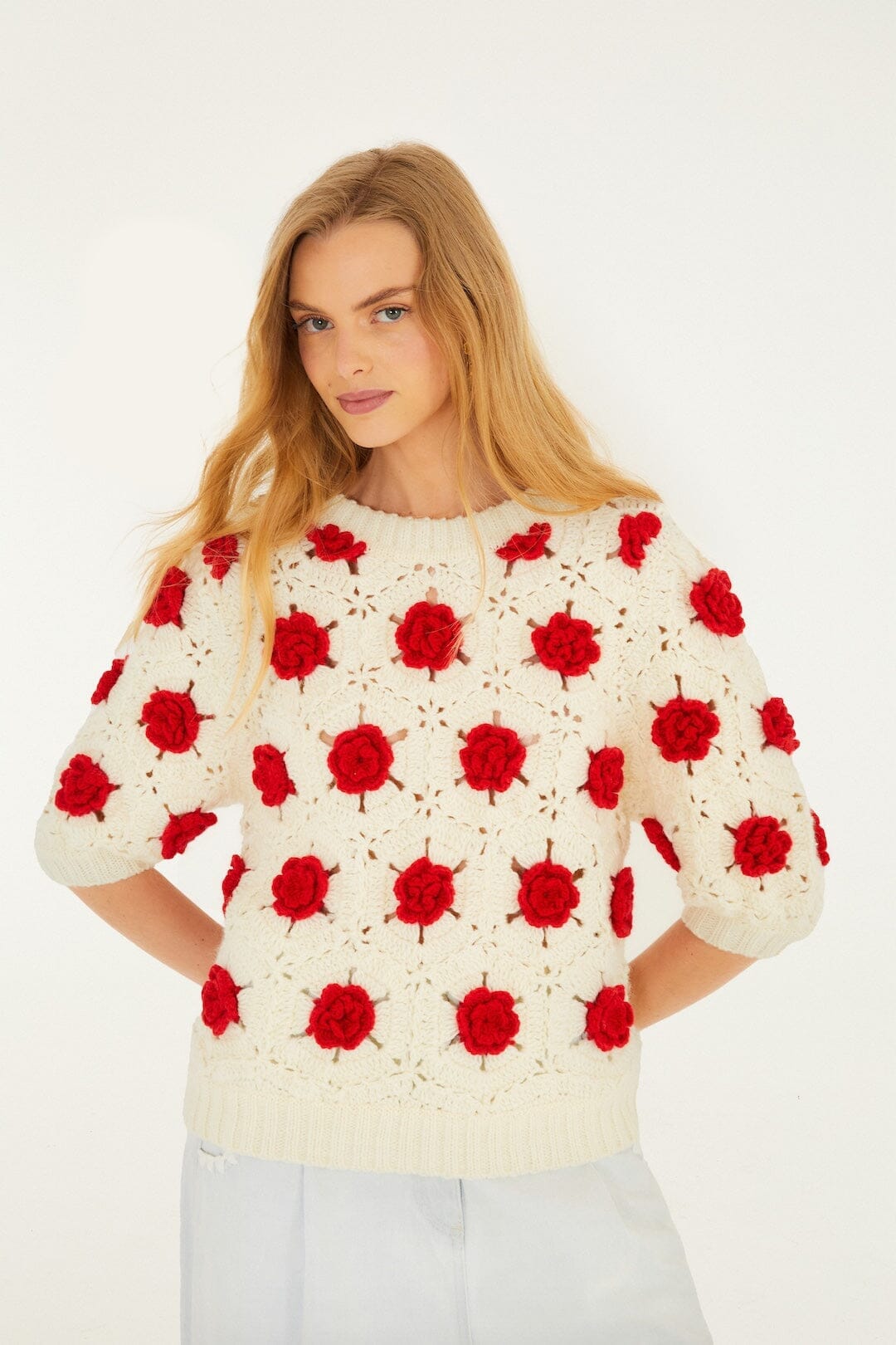 FARM Rio Sale by Type Red Flower Crochet Knit Blouse
