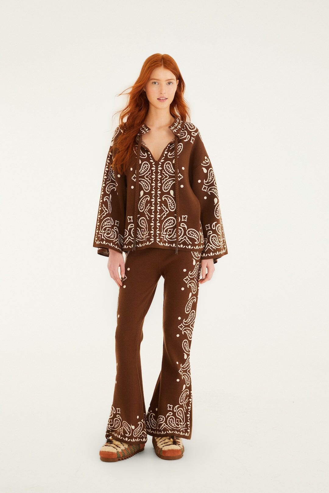 FARM Rio Sale by Type Brown Bohemian Paisley Beaded Rope Knit Sweater