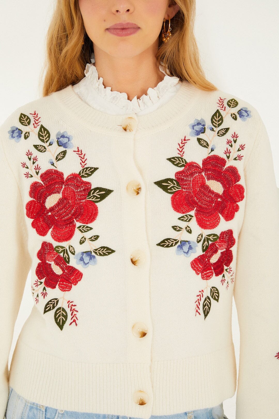 FARM Rio Sale by Type Cream Embroidered Flowers Buttoned Knit Cardigan