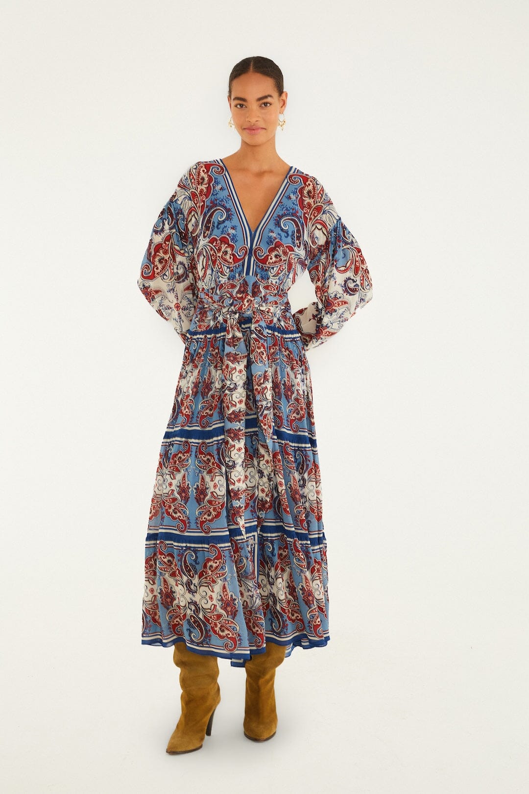 FARM Rio Sale Dresses Blue Paisley Scarf Long Sleeve Maxi Dress