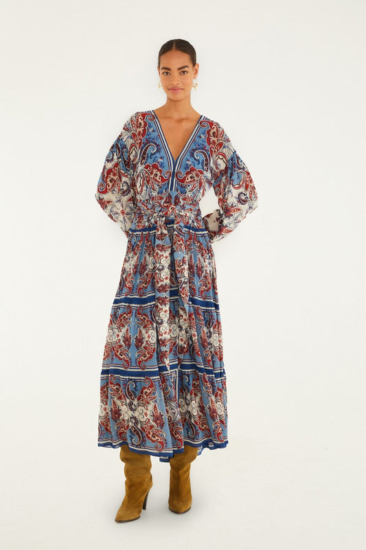 FARM Rio Sale Dresses Blue Paisley Scarf Long Sleeve Maxi Dress