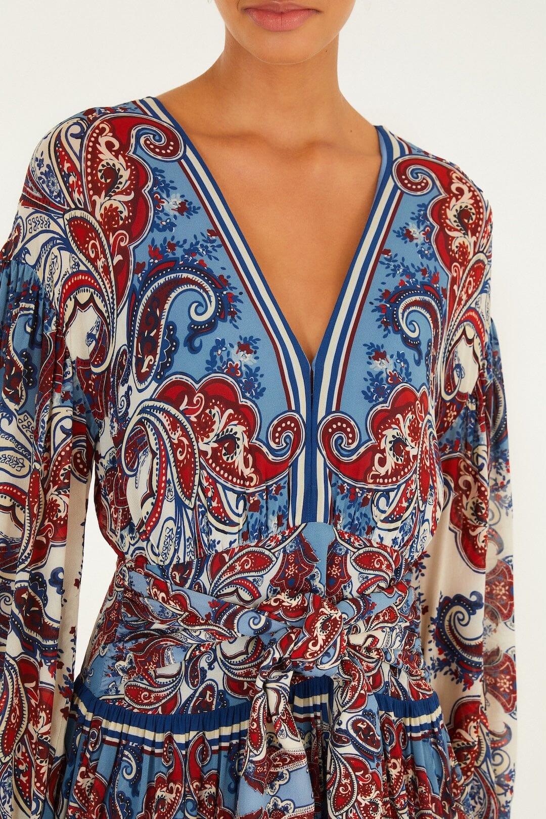 FARM Rio Sale Dresses Blue Paisley Scarf Long Sleeve Maxi Dress