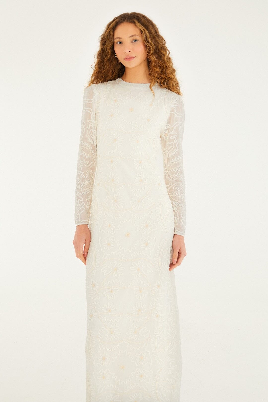 FARM Rio Sale Dresses Off-White Embroidered Crew Neck Long Sleeve Maxi Dress