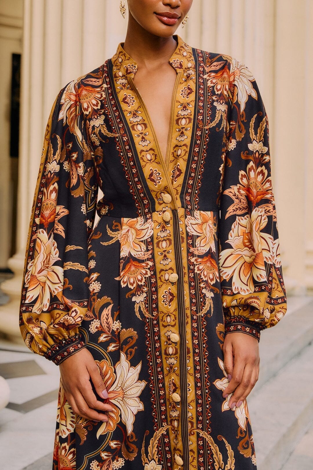 FARM Rio Sale Dresses Black Majestic Garden Buttoned Puff Sleeve Maxi Dress