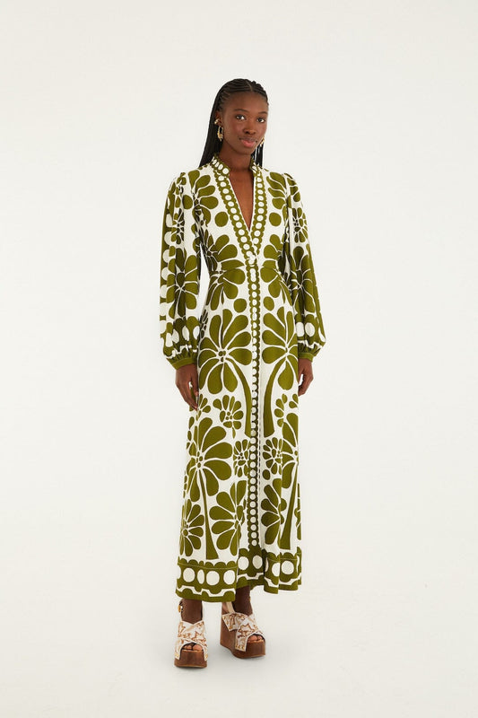 FARM Rio Sale Dresses Green Palermo Buttoned Puff Sleeve Maxi Dress