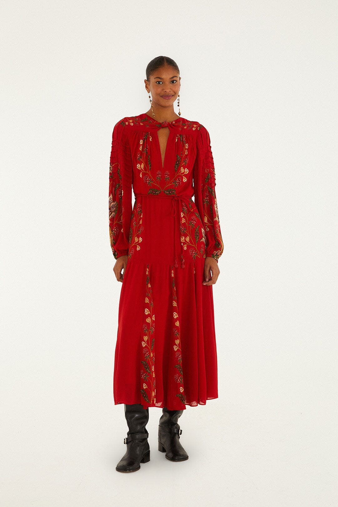 FARM Rio Sale Dresses Red Berry Garden Long Sleeve Pleated Maxi Dress
