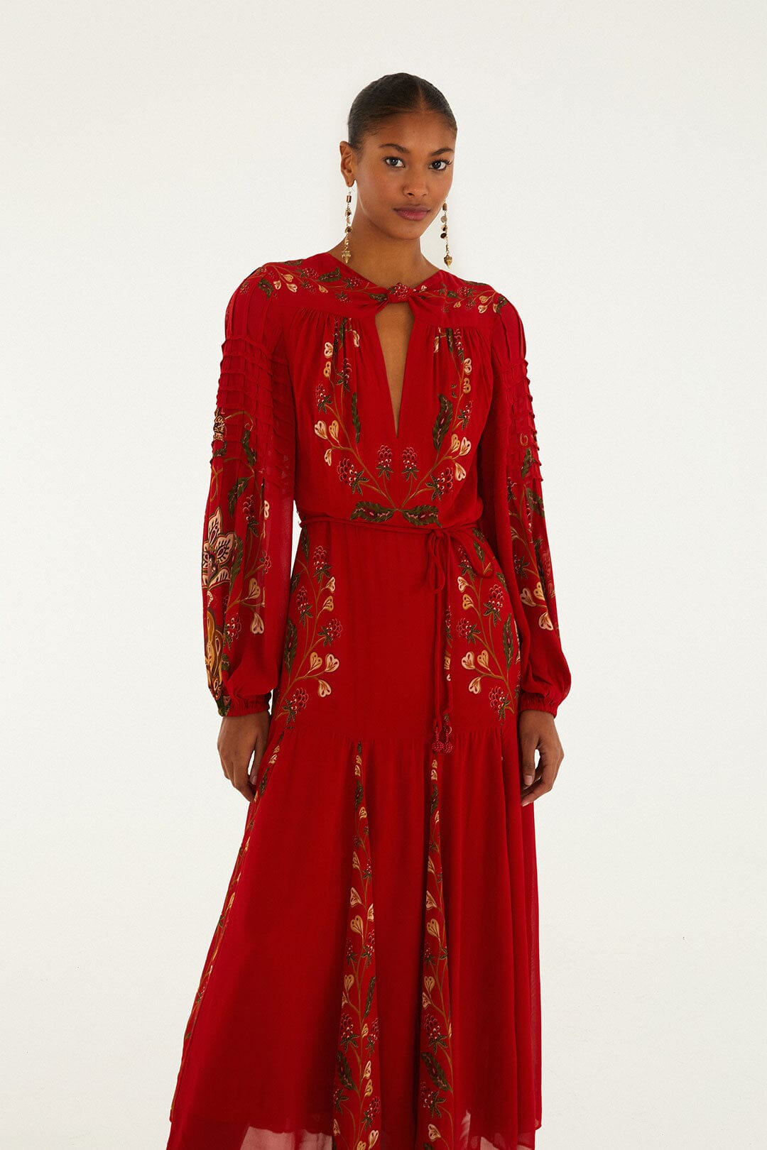 FARM Rio Sale Dresses Red Berry Garden Long Sleeve Pleated Maxi Dress