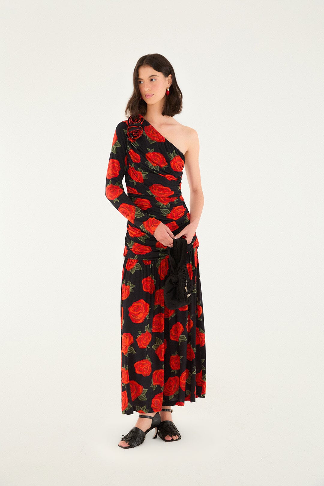 FARM Rio Sale Dresses Black Latin Roses 3d Flower One-Shoulder Draped Maxi Dress