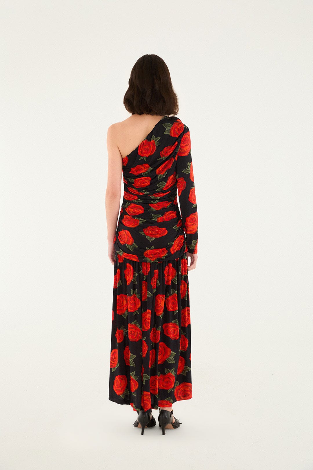 FARM Rio Sale Dresses Black Latin Roses 3d Flower One-Shoulder Draped Maxi Dress