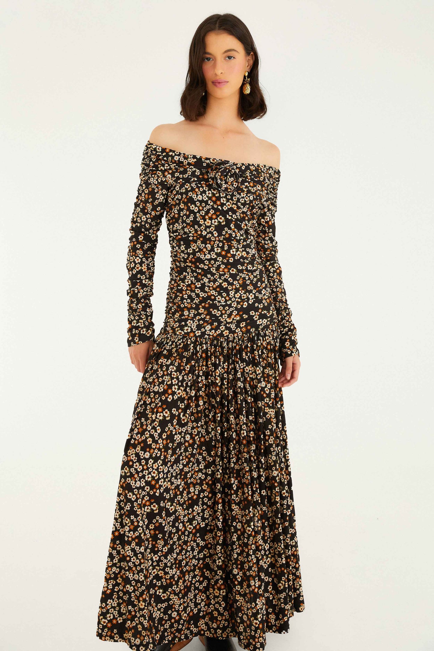 FARM Rio Sale Dresses Black Tiny Flowers Long Sleeve Maxi Dress