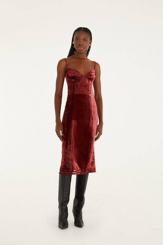 FARM Rio Sale Dresses Burgundy Cut-Out Flowers Sleeveless Midi Dress