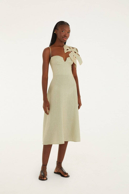 FARM Rio Sale Dresses Green Striped 3d Monstera Leaf Euroflax Premium Linen Midi Dress