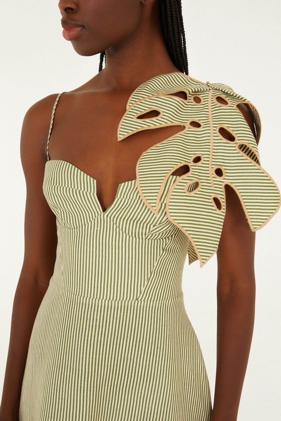 FARM Rio Sale Dresses Green Striped 3d Monstera Leaf Euroflax Premium Linen Midi Dress