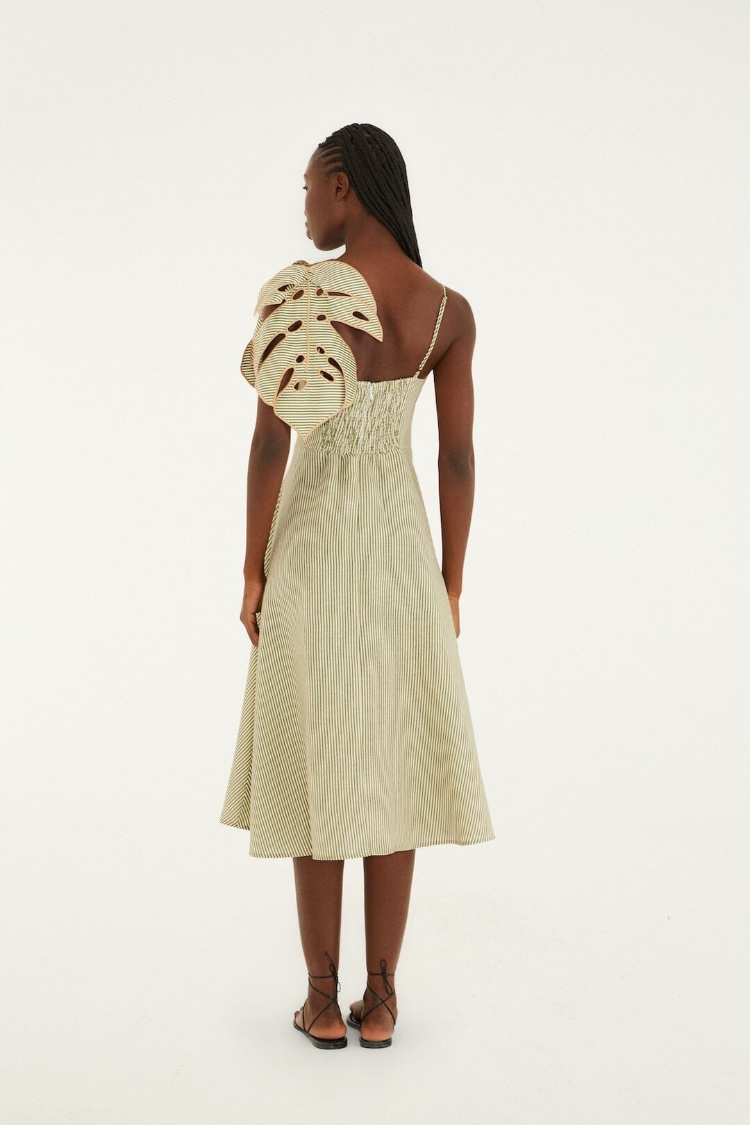 FARM Rio Sale Dresses Green Striped 3d Monstera Leaf Euroflax Premium Linen Midi Dress