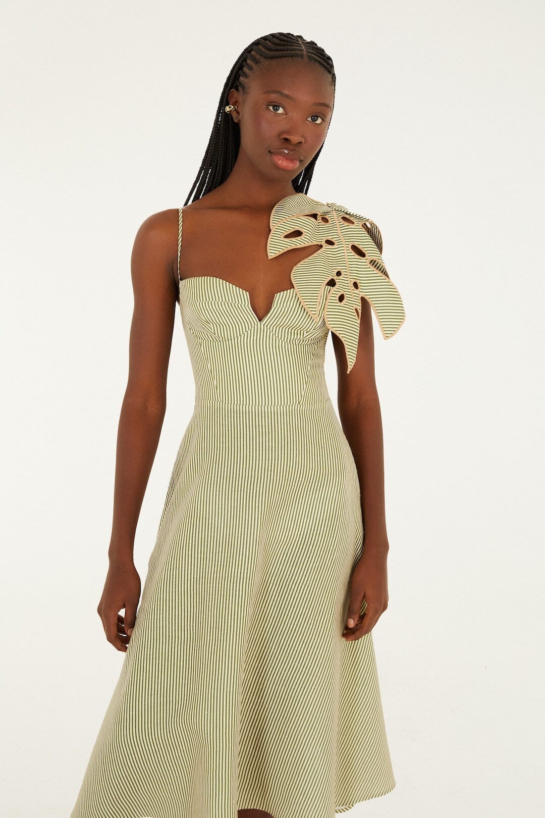 FARM Rio Sale Dresses Green Striped 3d Monstera Leaf Euroflax Premium Linen Midi Dress