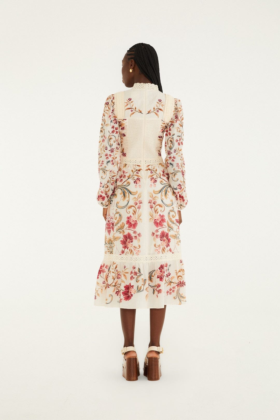 FARM Rio Sale Dresses Cream Royal Garden Long Sleeve Crochet Midi Dress