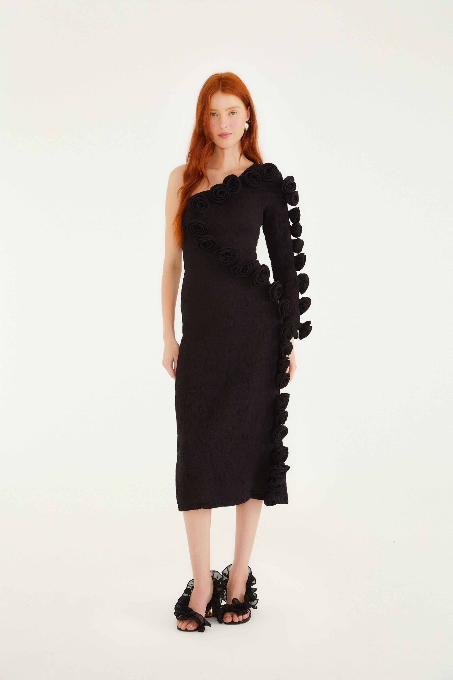 FARM Rio Sale Dresses Black 3d Rose One-Shoulder Midi Dress