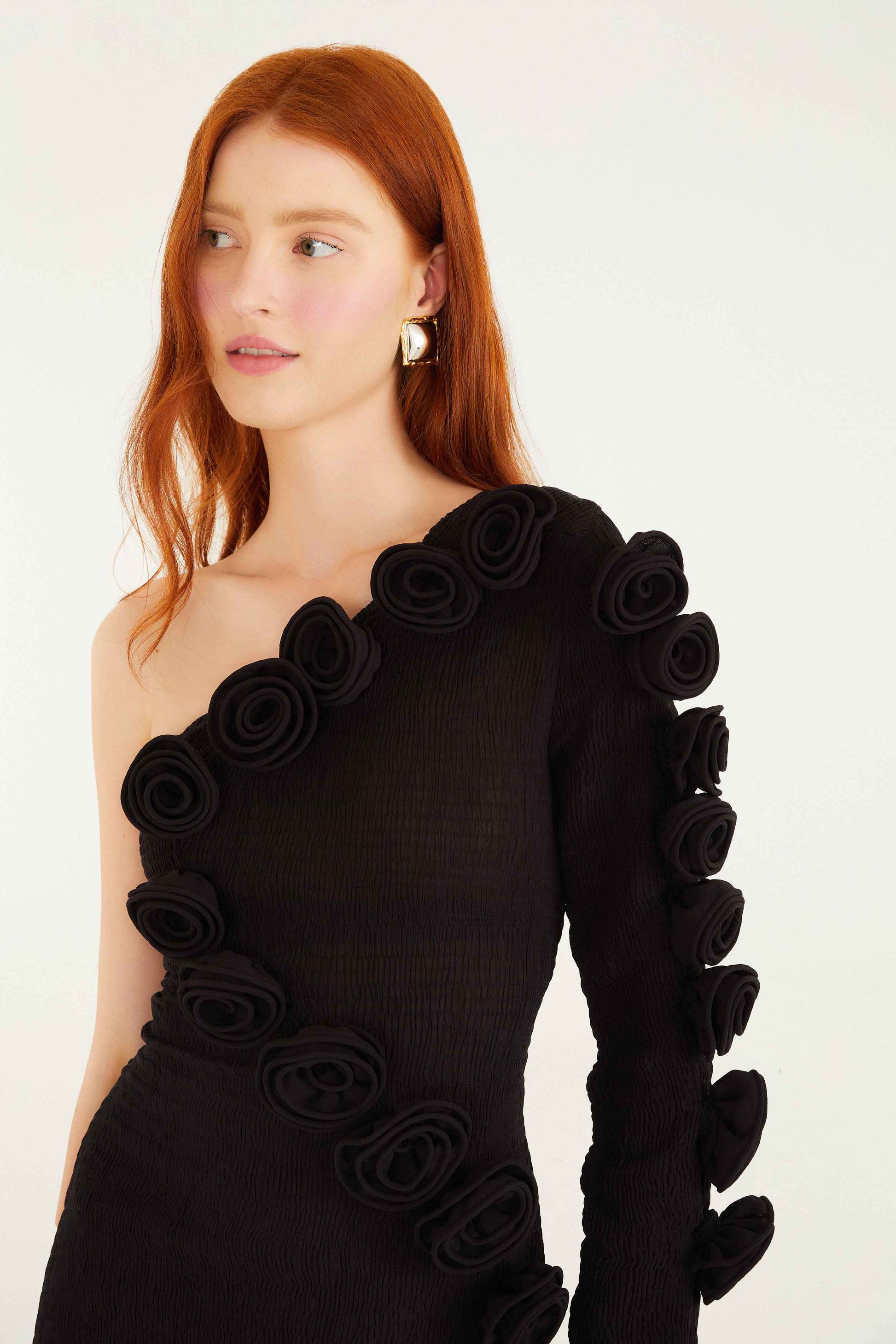 FARM Rio Sale Dresses Black 3d Rose One-Shoulder Midi Dress