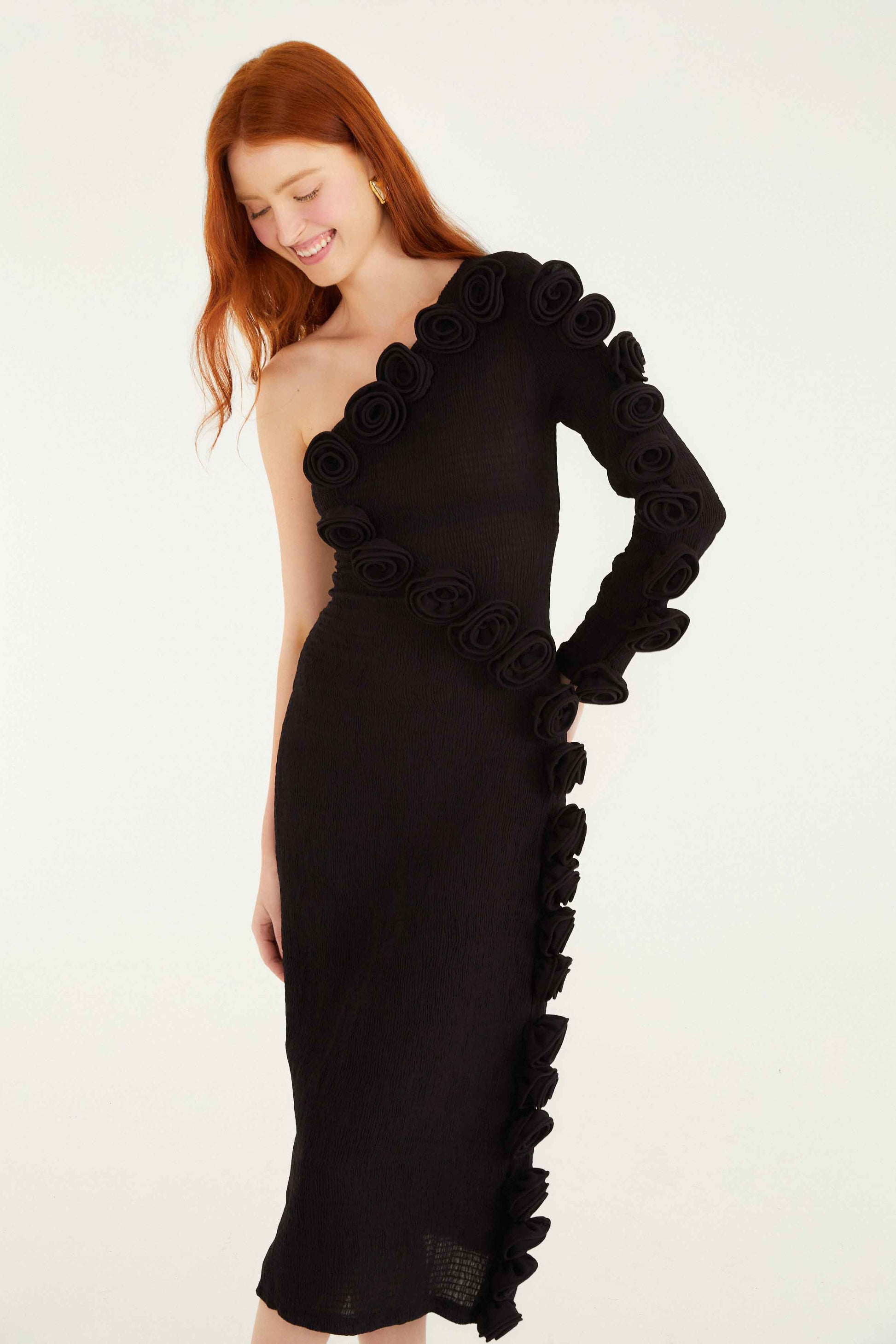 FARM Rio Sale Dresses Black 3d Rose One-Shoulder Midi Dress