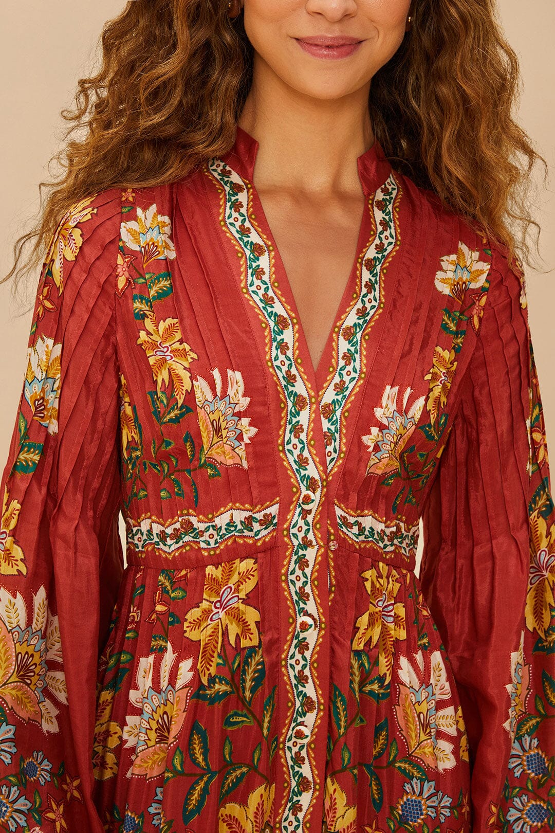 FARM Rio Sale Dresses Red Garden Delight Long Sleeve Midi Dress