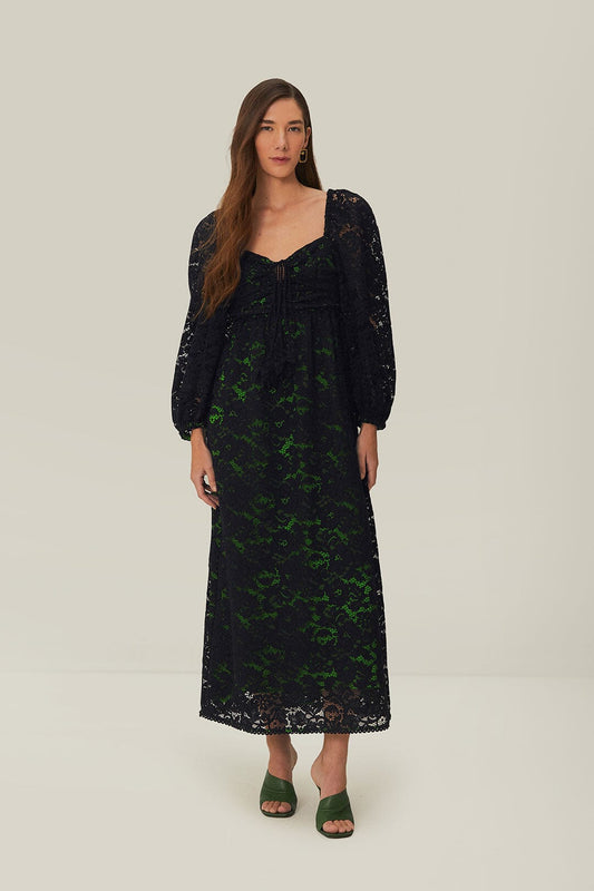 FARM Rio Sale Dresses Black Lace Long Sleeve Midi Dress