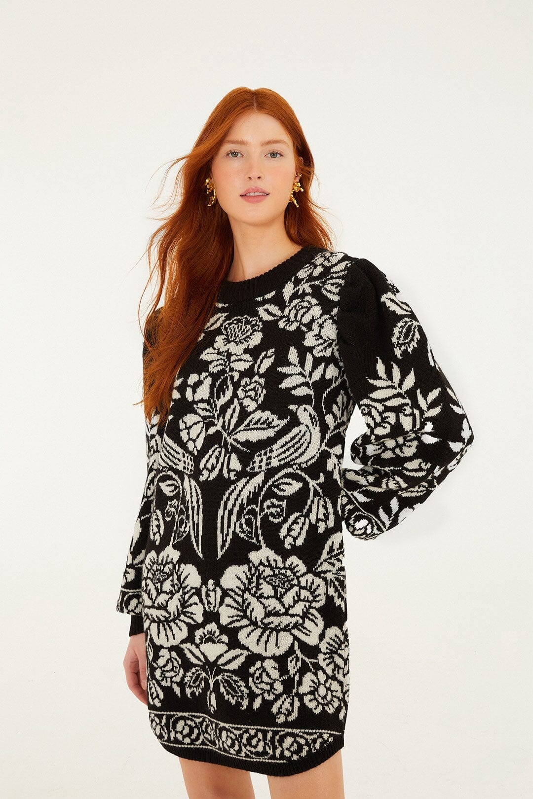FARM Rio Sale Dresses Black And White Cashew And Birds Knit Mini Dress