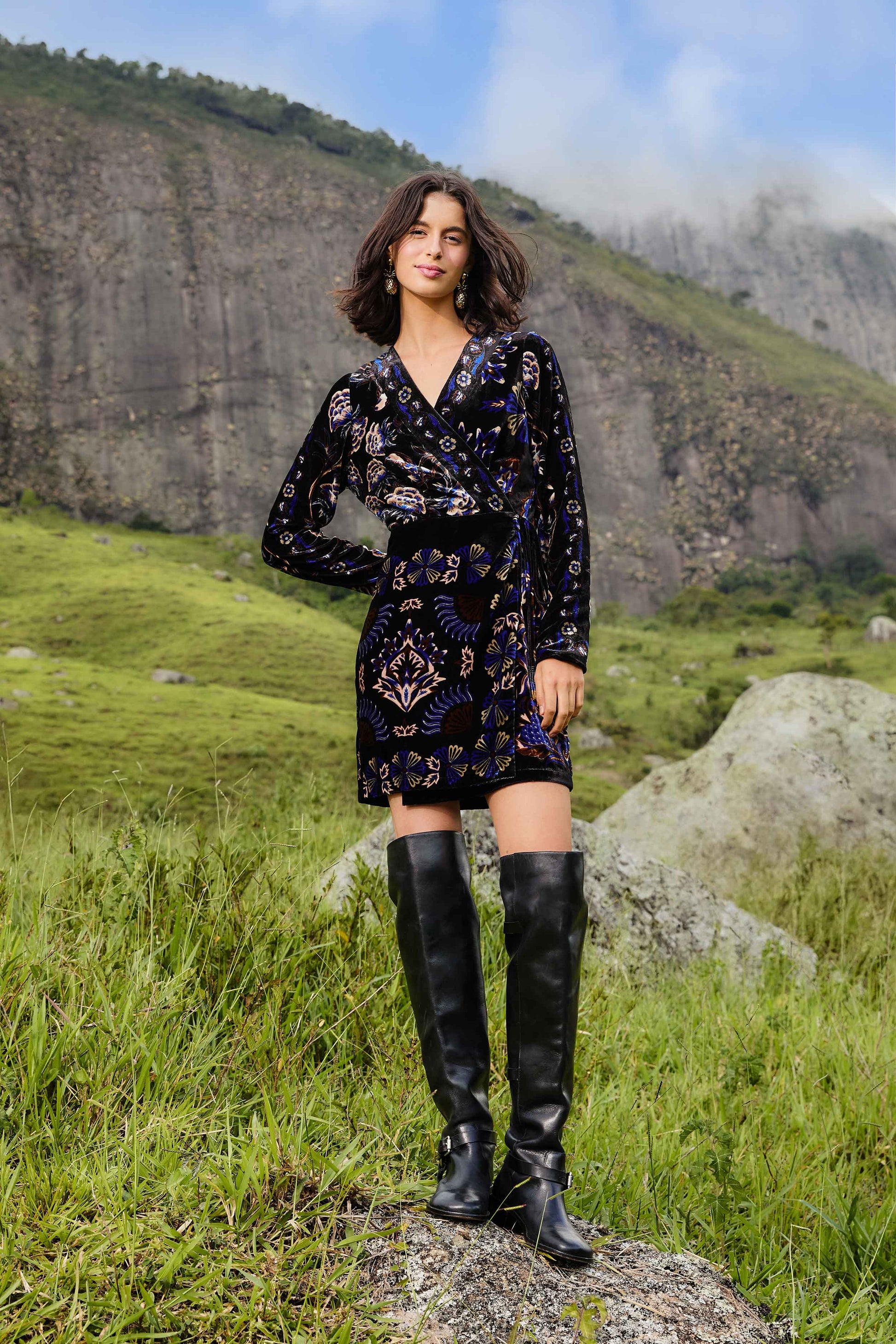 FARM Rio Sale Dresses Black Arabesque Mix Scarves Wrap Mini Dress