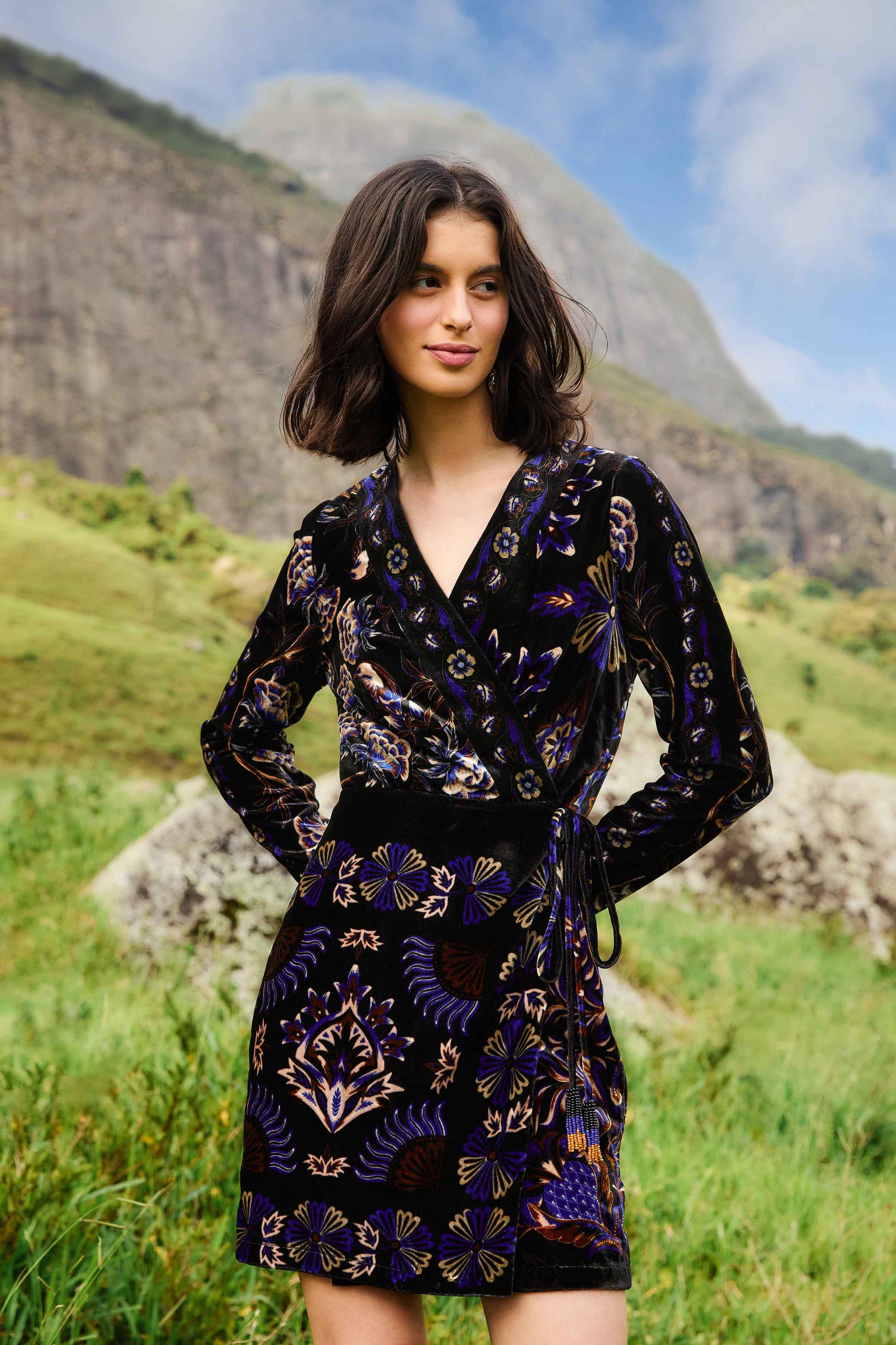 FARM Rio Sale Dresses Black Arabesque Mix Scarves Wrap Mini Dress