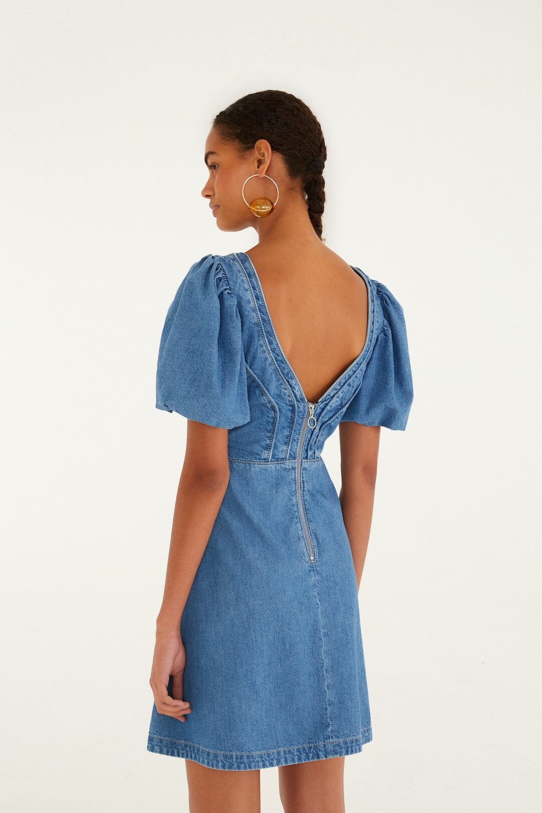 FARM Rio Shop Denim Wavy Cut-Out Puff Sleeve Mini Dress