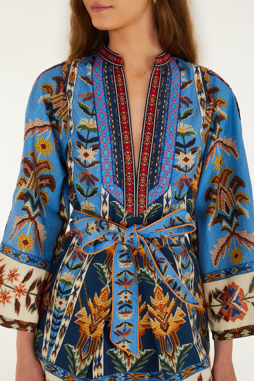FARM Rio Shop Blue Embroidered Tapestry Organic Cotton Mini Dress