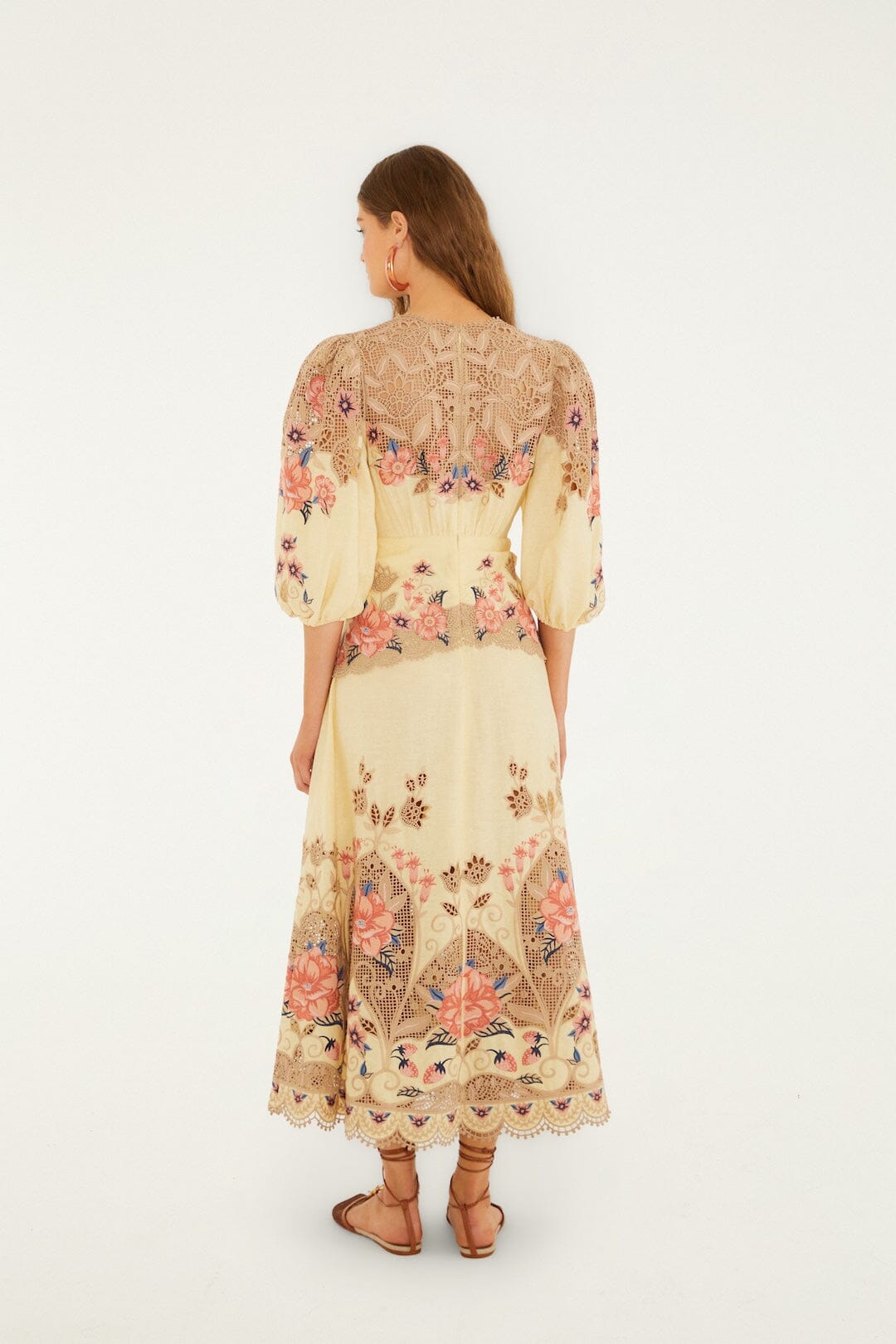 FARM Rio Shop Butter Yellow Embroidered Lenzing Ecovero Euroflax Midi Dress