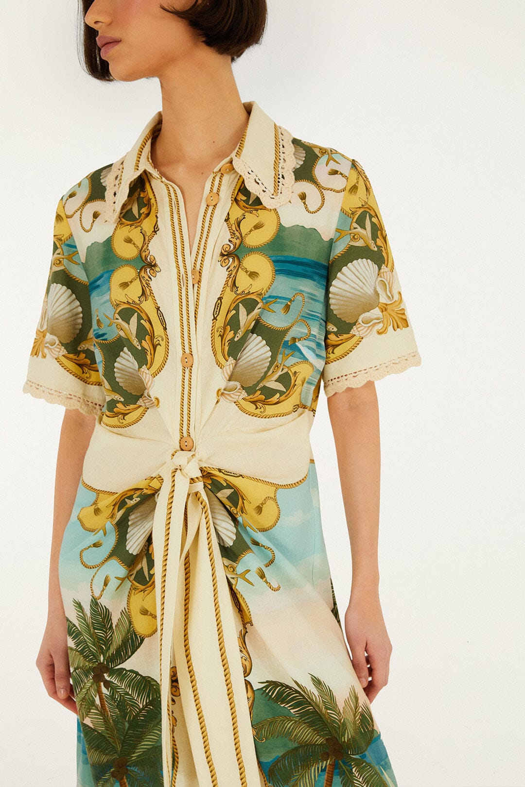 FARM Rio Shop Off-White Royal Sea Collared Lenzing Ecovero Euroflax Midi Dress