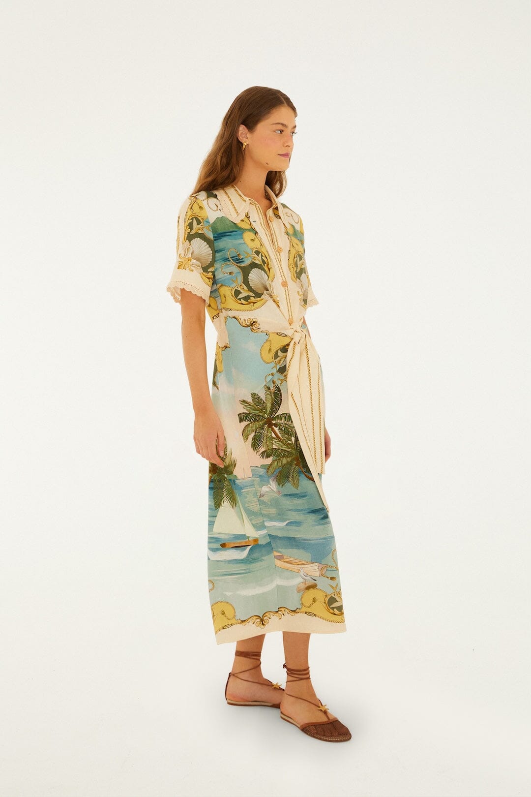 FARM Rio Shop Off-White Royal Sea Collared Lenzing Ecovero Euroflax Midi Dress