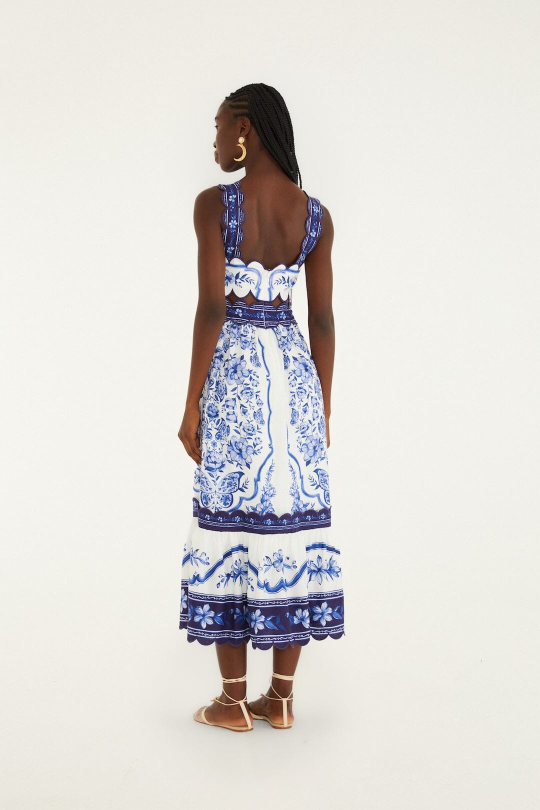 FARM Rio Shop Off-White Porcelain Garden Cut-Out Lenzing Ecovero Euroflax Midi Dress