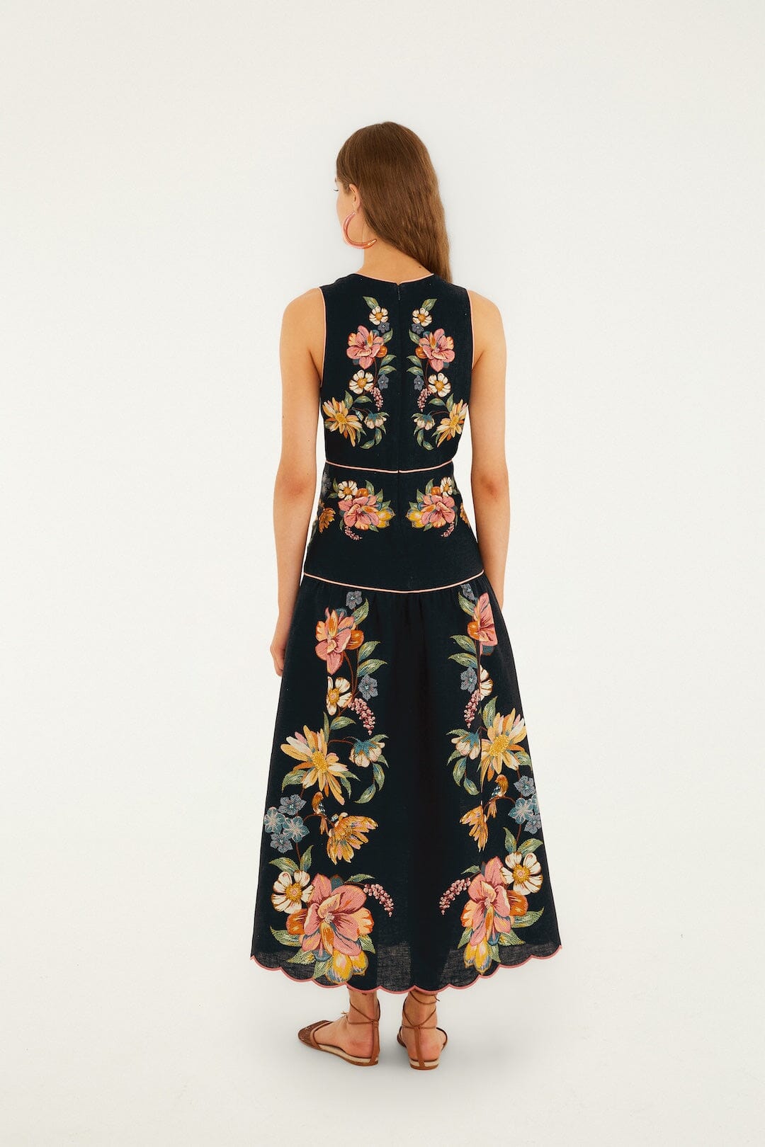 FARM Rio Shop Dark Blue Maira Floral Euroflax Premium Linen Midi Dress