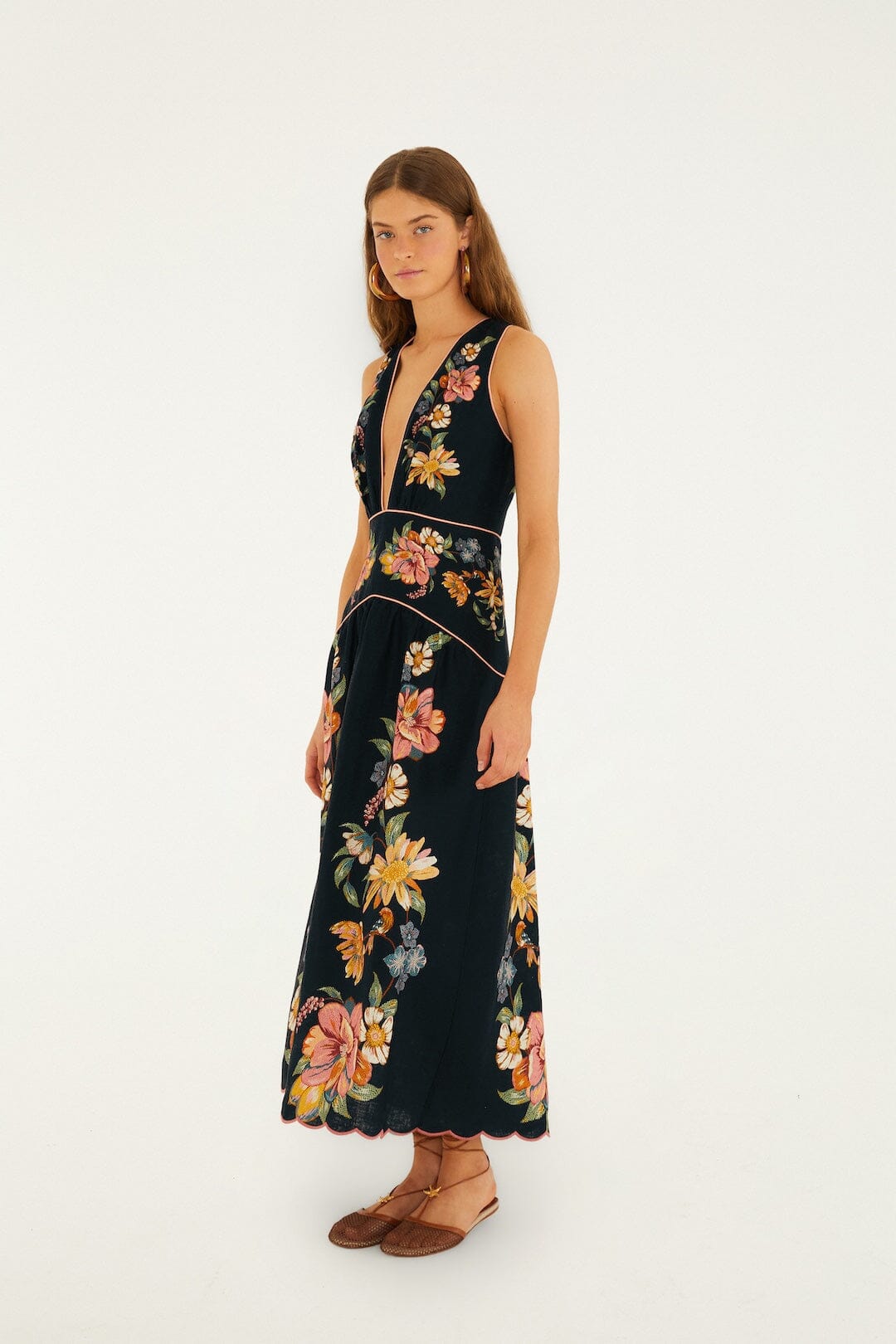 FARM Rio Shop Dark Blue Maira Floral Euroflax Premium Linen Midi Dress
