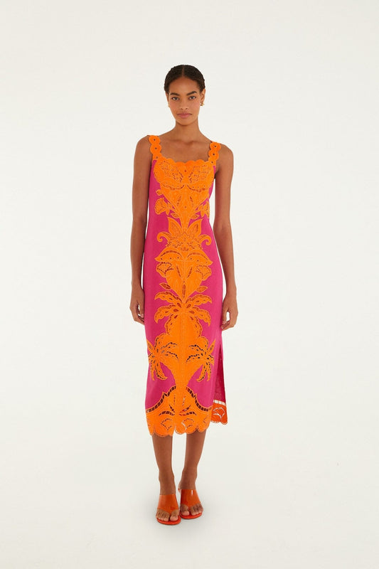 FARM Rio Shop Pinke Cutwork Euroflax Premium Linen Midi Dress