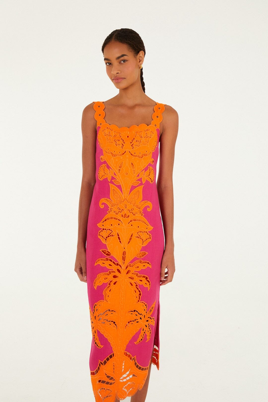 FARM Rio Shop Pinke Cutwork Euroflax Premium Linen Midi Dress