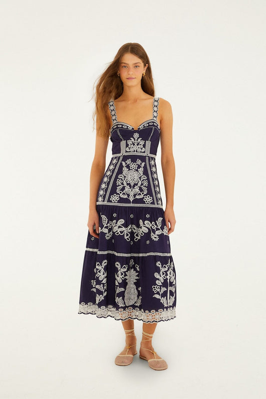 FARM Rio Shop Blue Richelieu Embroidered Organic Cotton Midi Dress